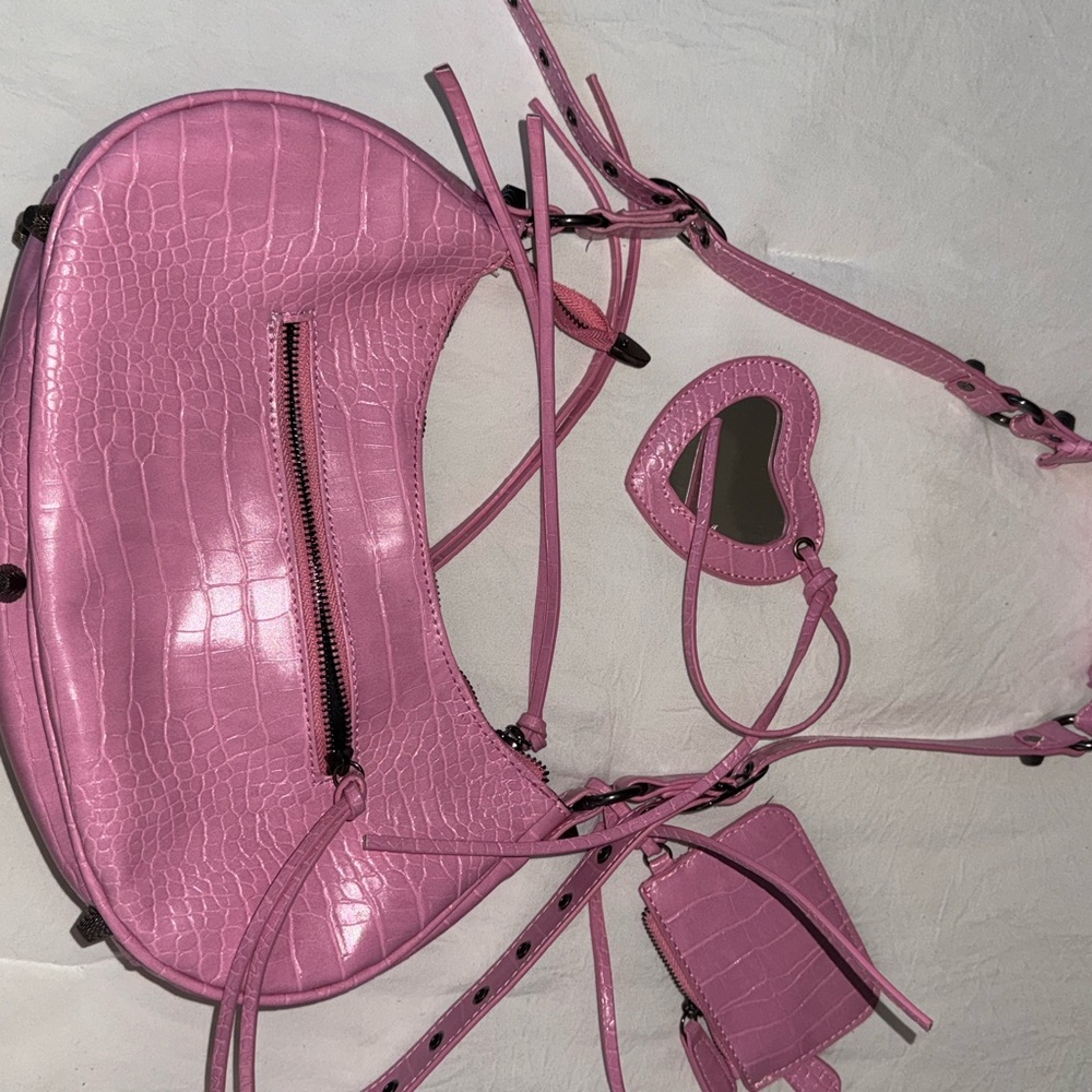 Pink Croc-Embossed Women's Motorcycle Shoulder Bag